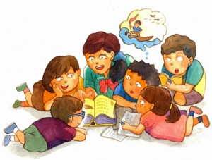 A group of children gathering around reading stories